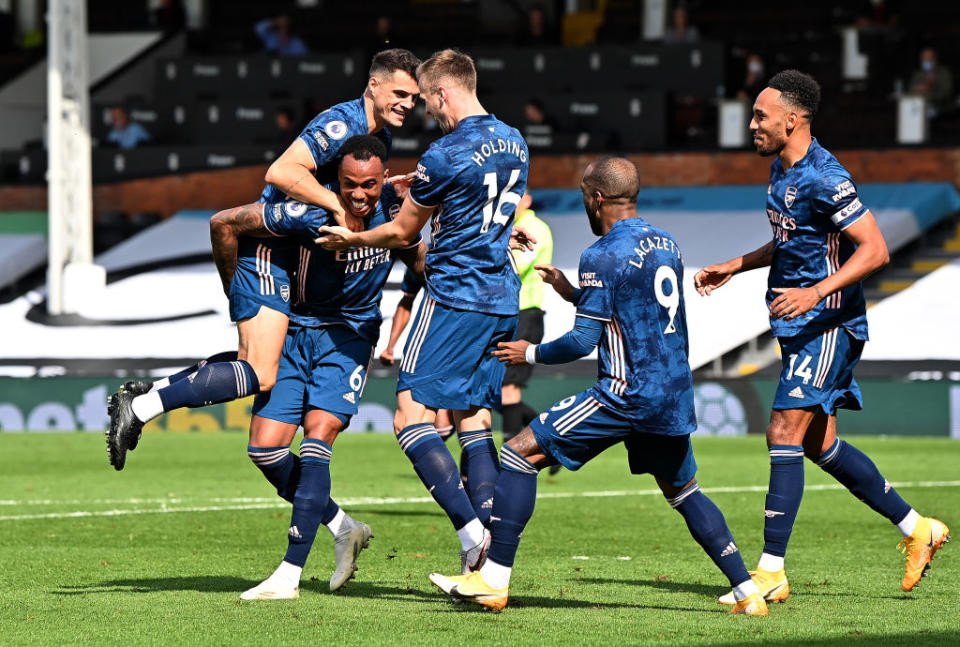 Arsenal celebrate after Gabriel scores on debutGetty