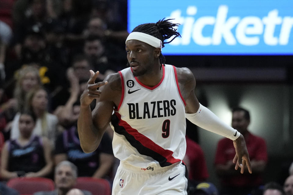 Portland Trail Blazers forward Jerami Grant celebrates a three-point shot during the second half of an NBA basketball game against the Miami Heat, Monday, Nov. 7, 2022, in Miami. (AP Photo/Wilfredo Lee)