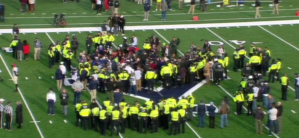 Protesters disrupt the Harvard vs. Yale game. (via ESPNU)