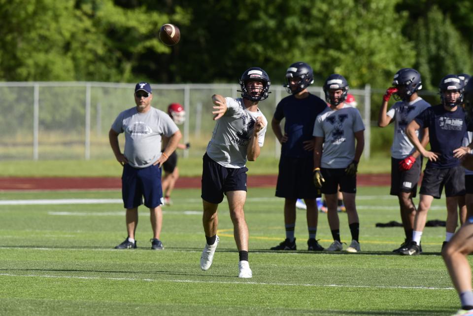 Yale's Connor Jakubiak throws a pass during a scrimmage in July. He went 6-for-14 passing for 112 yards and two touchdowns in the Bulldogs' 41-6 win over Dearborn Heights Annapolis last week.