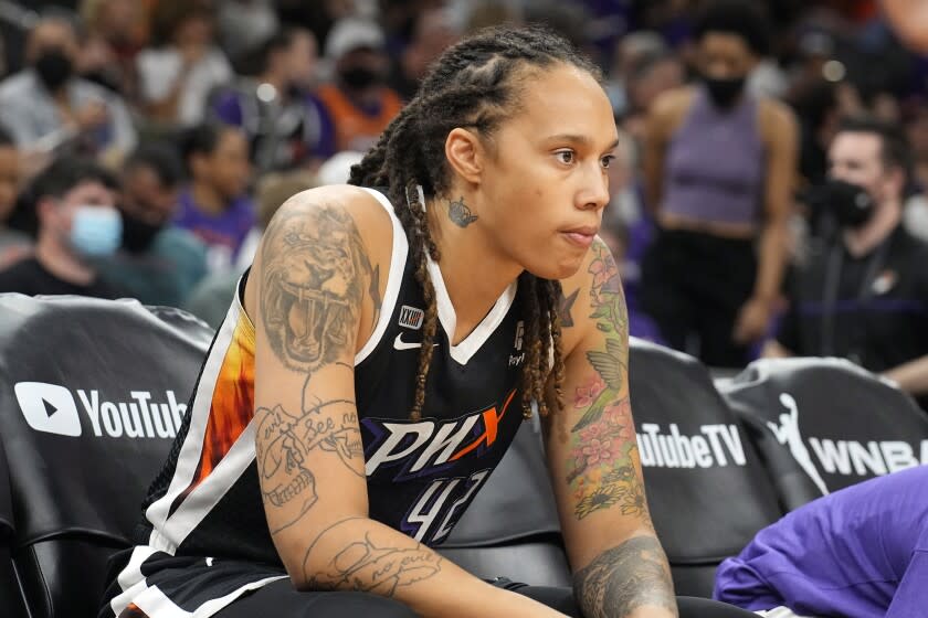 Phoenix Mercury center Brittney Griner (42) during the first half of Game 2 of basketball's WNBA Finals against the Chicago Sky, Wednesday, Oct. 13, 2021, in Phoenix. (AP Photo/Rick Scuteri)