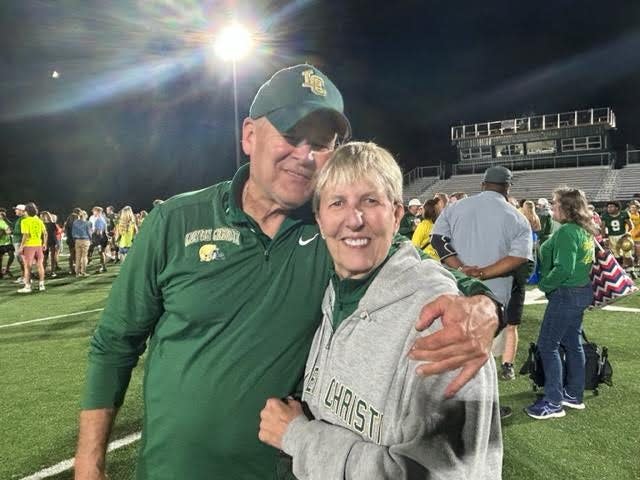Jackson Lumen Christi head football coach Herb Brogan and his wife Mary celebrate after he picked up the 400th win of his storied career with a 35-7 victory over Dearborn Divine Child on Sept. 22, 2023 at Jackson Lumen Christi High School.