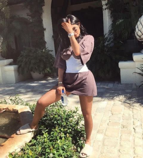 Kylie Jenner in Louis Vuitton fluffy slippers? Lounge around at home