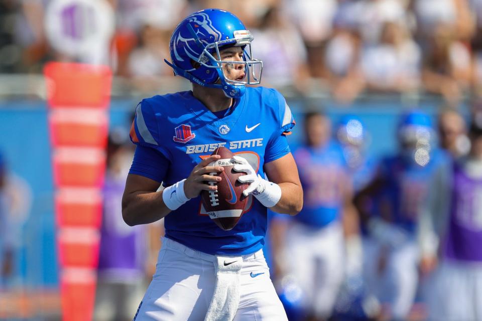 Boise State quarterback Hank Bachmeier (19) looks to throw against Tennessee-Martin in the first half of an NCAA college football game, Saturday, Sept. 17, 2022, in Boise, Idaho. (AP Photo/Steve Conner)