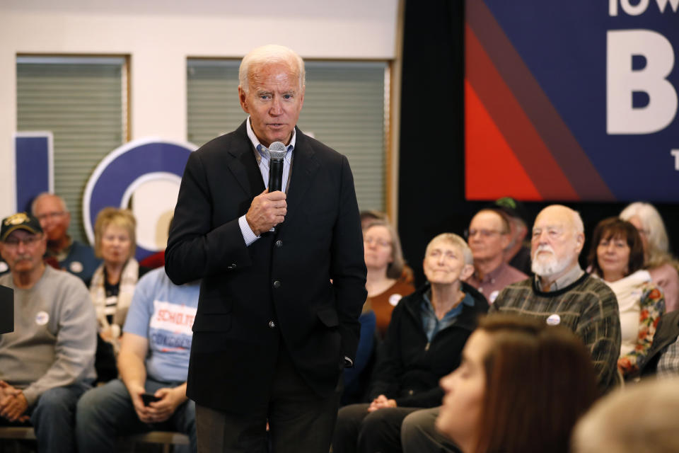 Democratic presidential candidate former U.S. Vice President Joe Biden speaks to local residents during a bus tour stop at Water's Edge Nature Center, Monday, Dec. 2, 2019, in Algona, Iowa. (AP Photo/Charlie Neibergall)