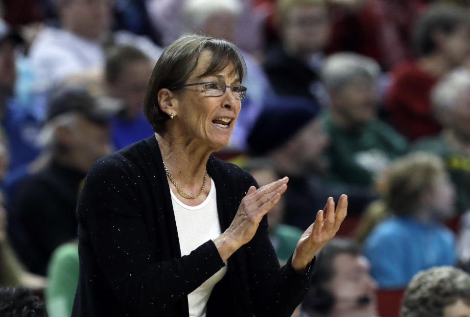 Stanford head coach Tara VanDerveer in action against Oregon during the first half of an NCAA college basketball game in the finals of the Pac-12 Conference women's tournament, Sunday, March 4, 2018, in Seattle. (AP Photo/Elaine Thompson)