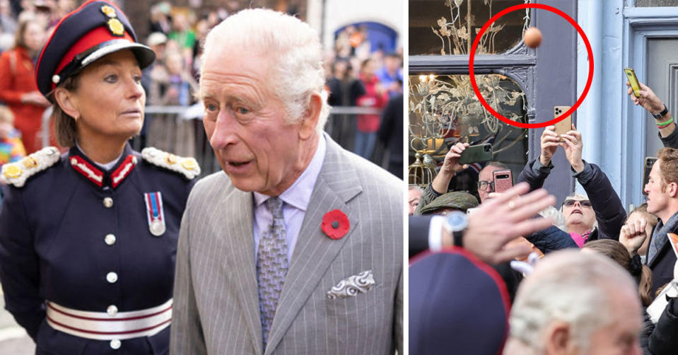 L: King Charles looking concerned. R: Egg flying over a crowd of people