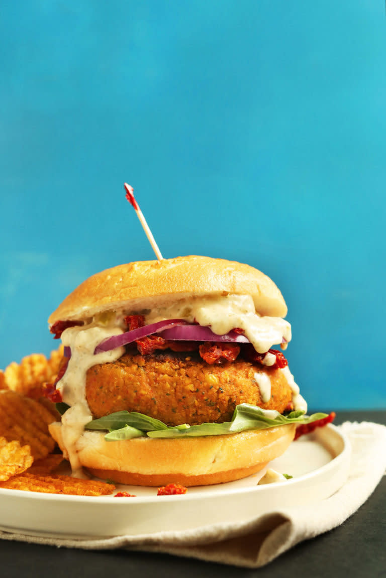 <strong>Get the <a href="https://minimalistbaker.com/sun-dried-tomato-chickpea-burgers/" target="_blank">Sun-Dried Tomato Chickpea Burgers</a> recipe from Minimalist Baker</strong>