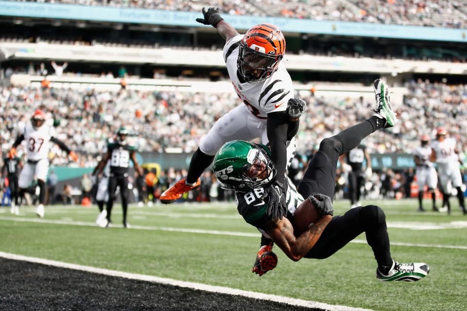 Keelan Cole #88 of the New York Jets has his touchdown catch overturned during the second quarter against the Cincinnati Bengals.