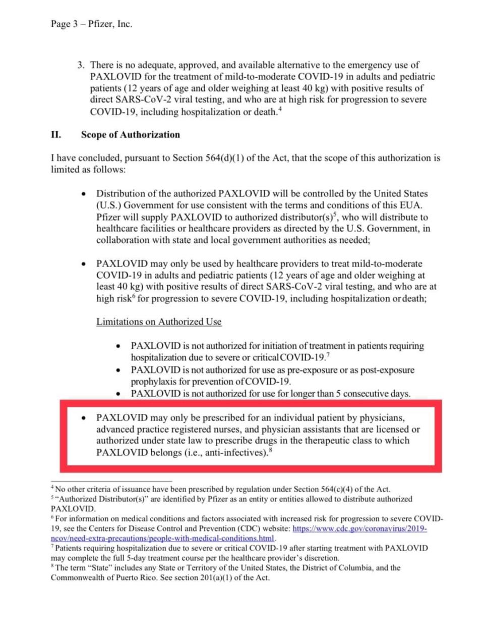 林俊憲指出，說明的第二項授權範圍（Scope of Authorization）中寫到，PAXLOVID只能由醫師、執業護理師（APRN）或是醫師助理（PA）「開立處方」（be prescribed）給病人。   圖：翻攝自林俊憲臉書