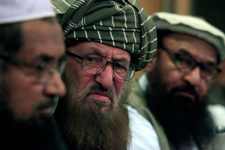 Maulana Sami-ul-Haq (C), a Pakistani cleric and head of Darul Uloom Haqqania, an Islamic seminary is seen during a news conference with other leaders in Islamabad, Pakistan August 23, 2017. REUTERS/Faisal Mahmood