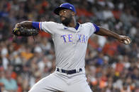 Texas Rangers starting pitcher Taylor Hearn delivers during the first inning of a baseball game against the Houston Astros, Sunday, July 25, 2021, in Houston. (AP Photo/Eric Christian Smith)