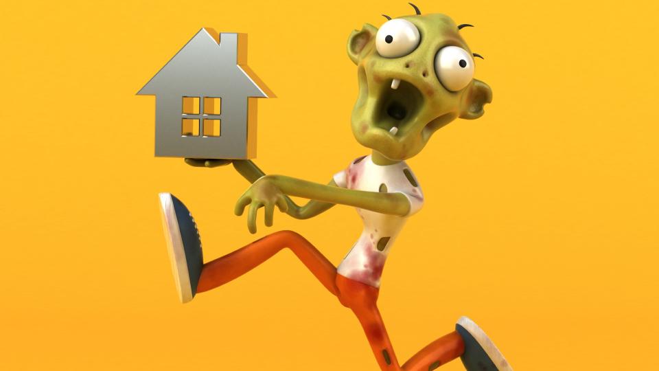  3D illustration of zombie holding a house icon. 