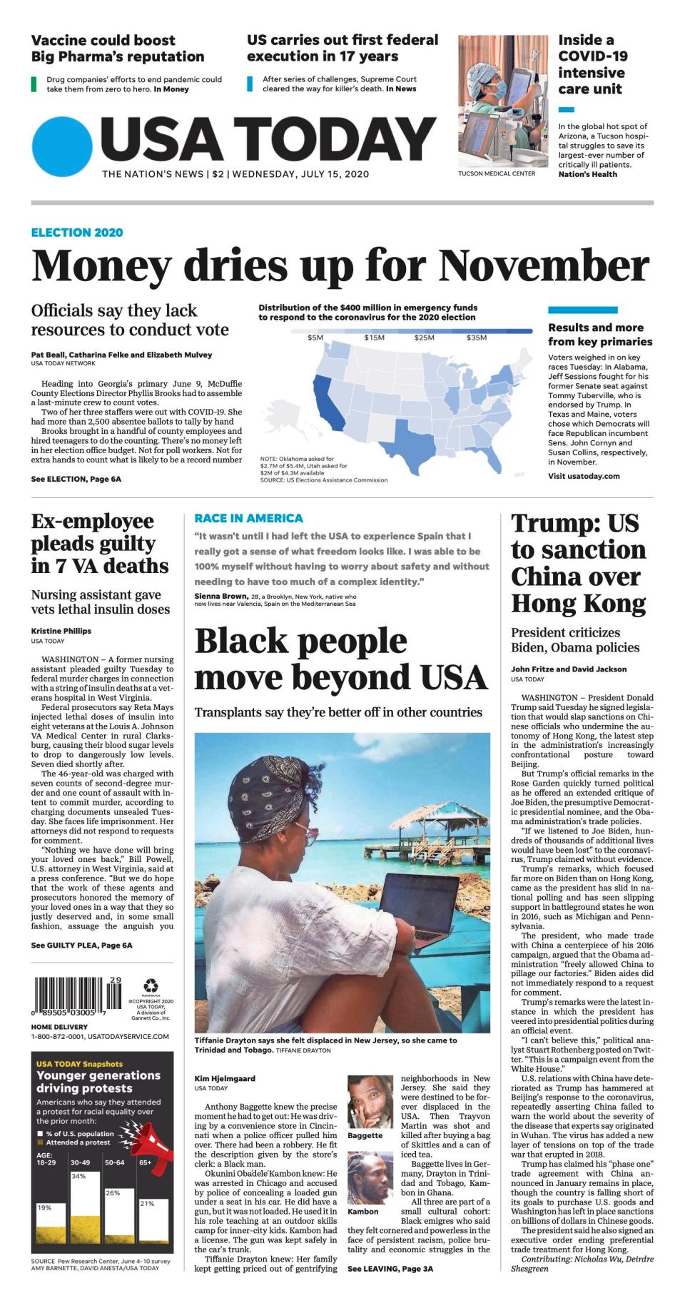 Tiffanie Drayton appears on the front page of USA TODAY's July 15, 2020, print edition.