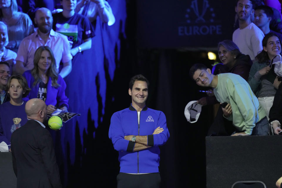 Team Europe's Roger Federer of Switzerland, gestures on the second day of the Laver Cup tennis tournament at the O2 in London, Saturday, Sept. 24, 2022. (AP Photo/Kin Cheung)