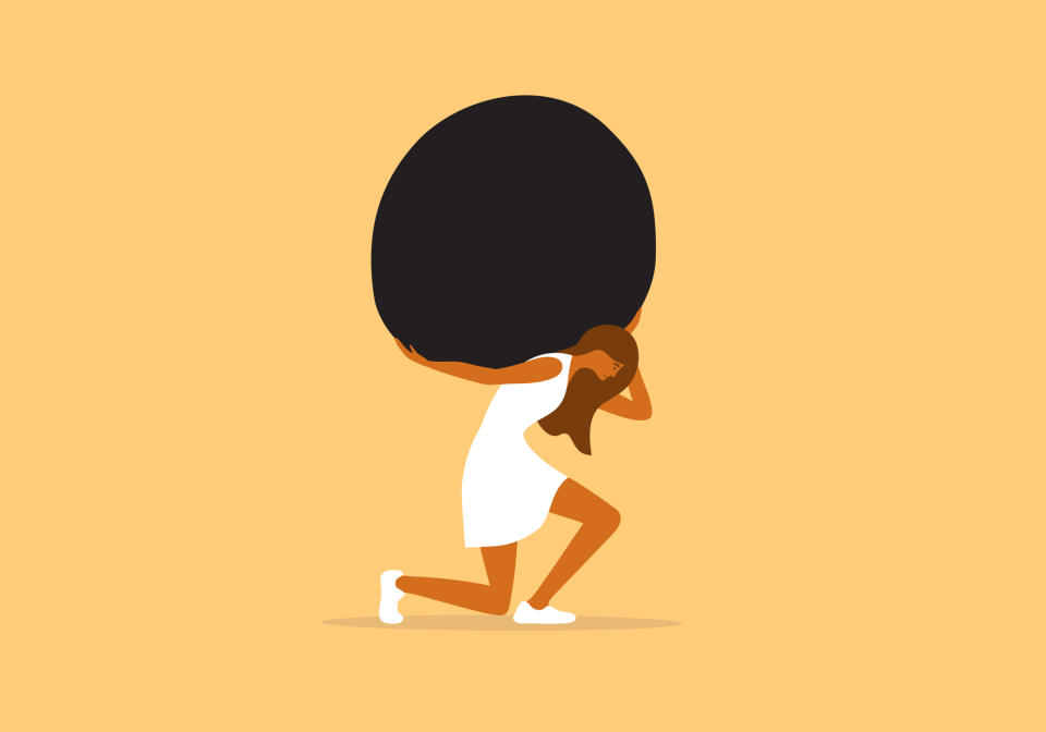 Vector illustration of unhappy tired female character holding huge stone on shoulders