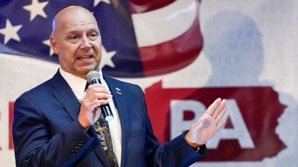 PHOTO: State Sen. Doug Mastriano, R-Franklin, a Republican candidate for Governor of Pennsylvania, speaks at a primary night election gathering in Chambersburg, Pa., May 17, 2022. (Carolyn Kaster/AP, FILE)