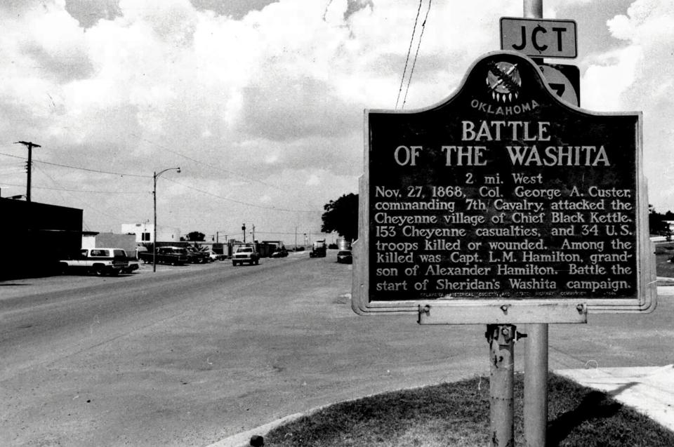 Although some Cheyenne residents look upon the battle of the Washita and Col, George Custer with disdain, a marker denoting the spot has a prominent place in the middle of town. Photo taken August 1988.