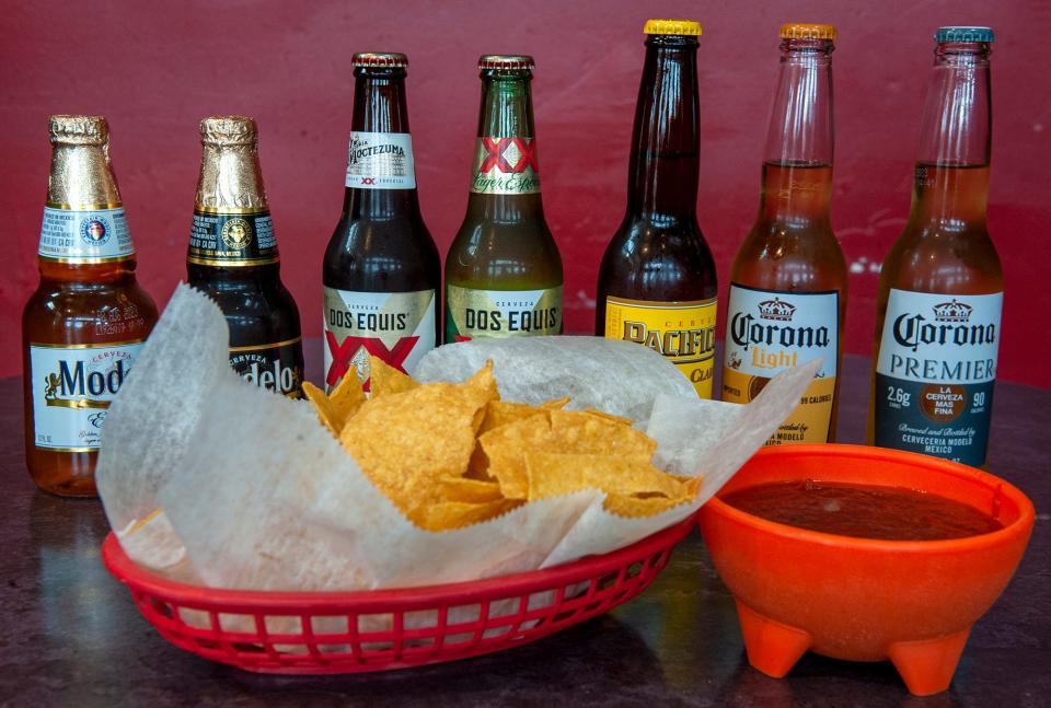 At Sol de Mexico Cafe and Grill in Natick, beers from Mexico with salsa and chips,  May 3, 2023. Friday is Cinco de Mayo.