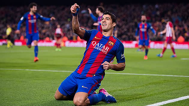 Suarez celebrates after putting Barcelona 1-0 up. Pic: Getty