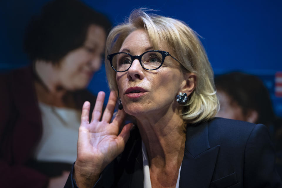 Education Secretary Betsy DeVos listens to a question during a student town hall at National Constitution Center in Philadelphia, Monday, Sept. 17, 2018. (AP Photo/Matt Rourke)