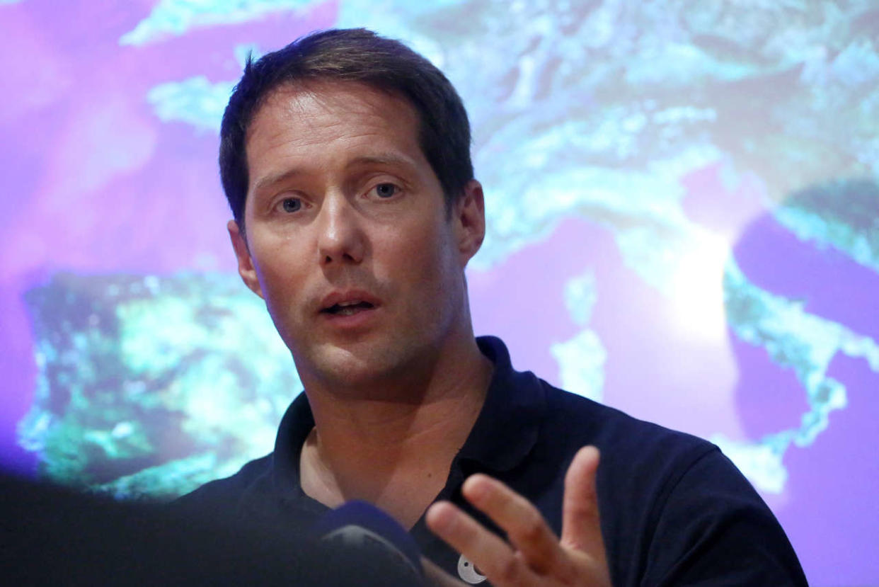 French aerospace engineer, pilot, and European Space Agency (ESA) astronaut Thomas Pesquet speaks during a press conference with Belgian Secretary of State for Space during an event at the Planetarium in Brussels, Belgium, on June 27, 2022. (Photo by Valeria Mongelli / AFP)