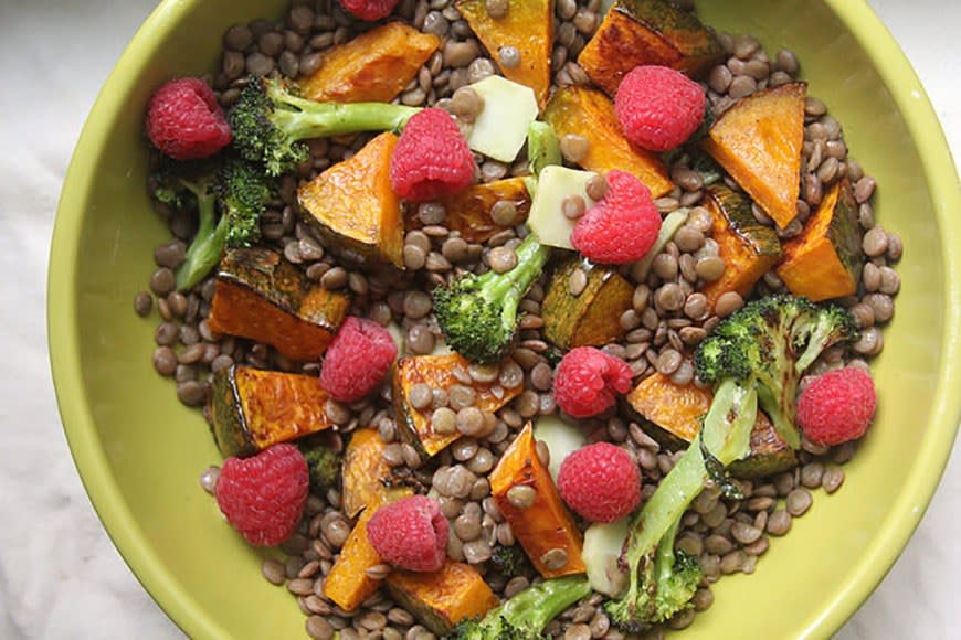 Roasted Squash, Broccoli, and Lentil Salad With Raspberries from Not Eating Out in New York