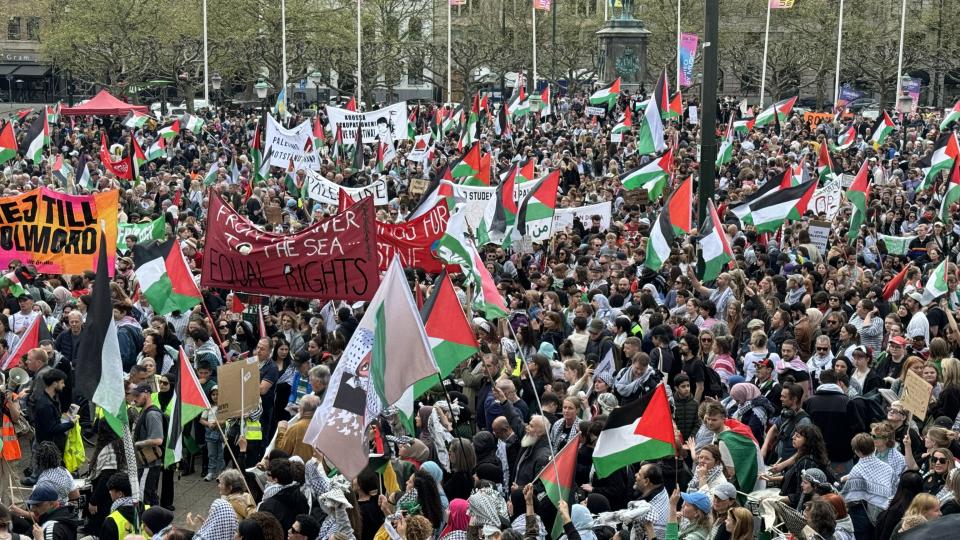 MALMO, SWEDEN - MAY 09: Hundreds take to the streets to protest against Israel's Eurovision Song Contest participation in Malmo, Sweden on May 09, 2024. Protesters gathered at Stor Torget (Grand Square) carrying banners. (Photo by Mohamed El-Shemy/Anadolu via Getty Images)
