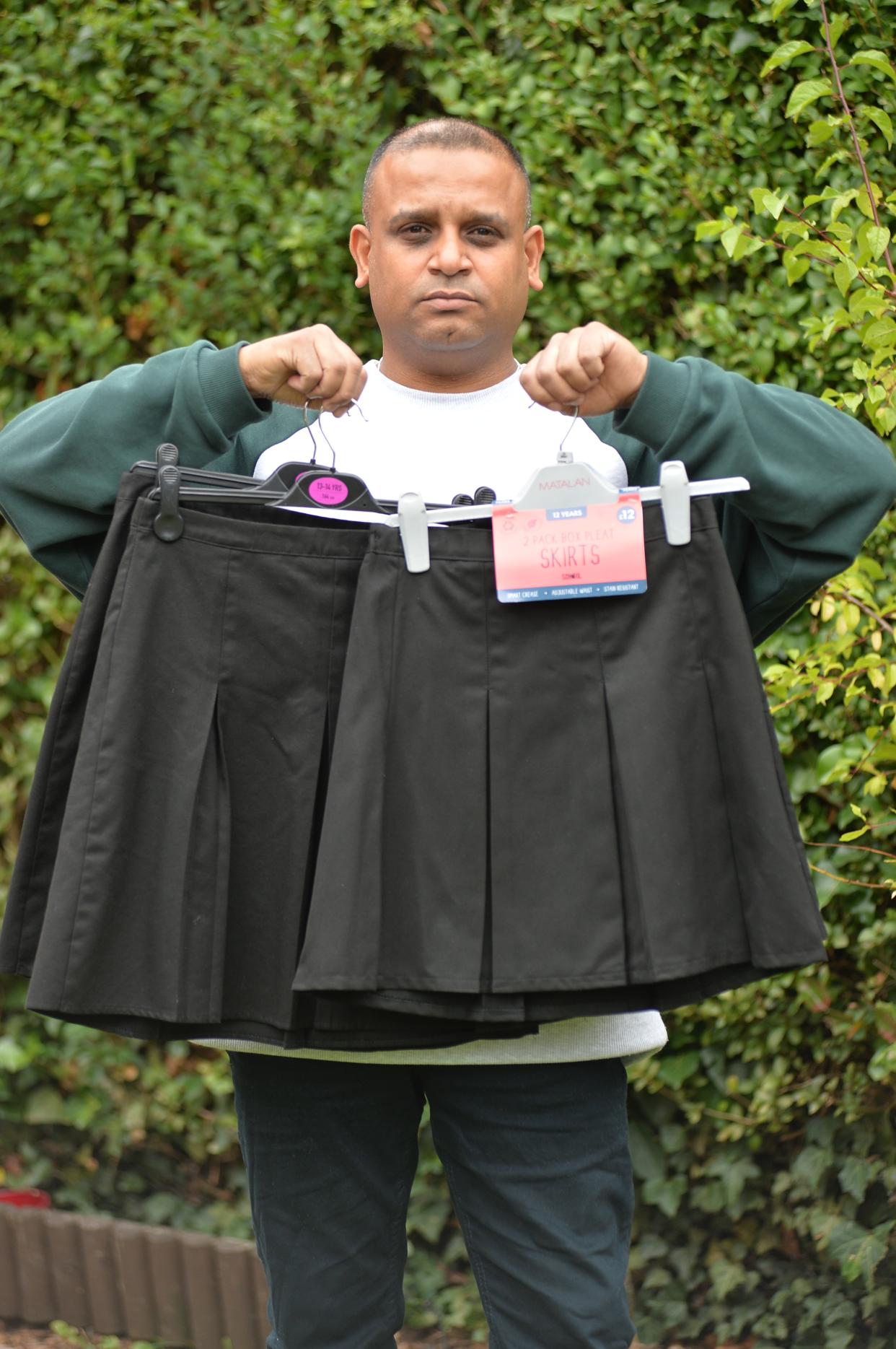 A 12-year-old girl has been placed in isolation at school for wearing the wrong type of skirt - with her mum saying her hips are too wide for the one she needs.

Shylah Johnson has been taken out of classes at Brookvale Groby Learning Campus in Groby, Leicestershire, after her mum, Daisy Johnson, spent the summer trying to find her a pleated skirt that would fit.

Caption: Dharmesh Patel, father of Shylah Johnson, 12, who has been put in isolation at Brookvale Groby Learning Campus in Groby, Leicestershire because she can't find a pleated skirt that fits her