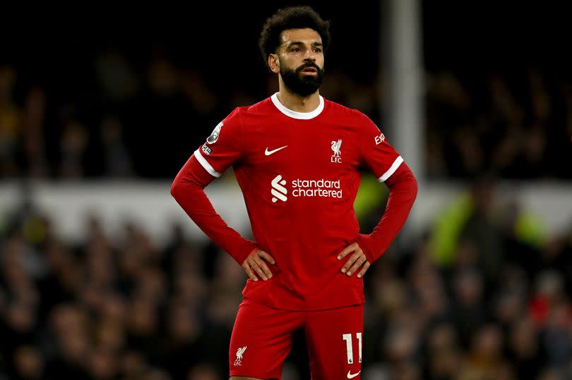 Mohamed Salah of Liverpool dejected during the Premier League match between Everton FC and Liverpool FC at Goodison Park on April 24, 2024 in Liverpool, England.