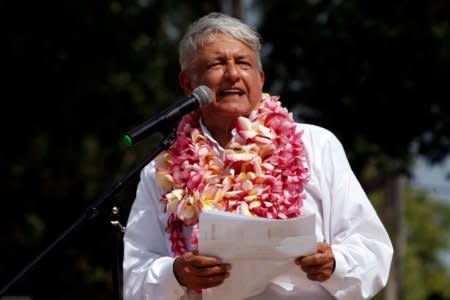 FILE PHOTO: Mexico's President-elect Andres Manuel Lopez Obrador speaks during a rally as part of a tour to thank supporters for his landslide victory in the July 1 election, in Ixtepec, Oaxaca state, Mexico September 19, 2018. REUTERS/Jorge Luis Plata