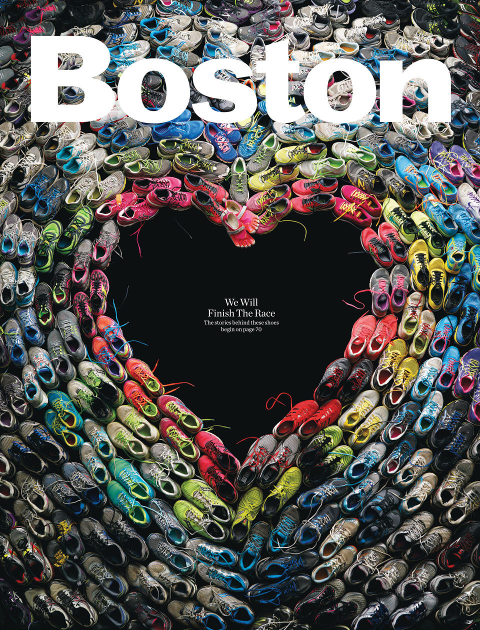 Boston magazine's April 2013 issue featured hundreds of sneakers from runners who ran the marathon.  (Comrade/Boston Magazine)