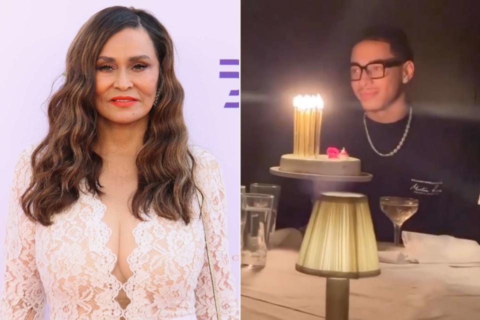 <p>Rodin Eckenroth/Getty; Tina Knowles/Instagram</p> Tina Knowles and her grandson Julez, in a video she captured on his 19th birthday.