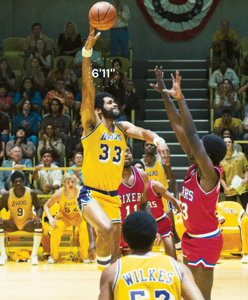 In Winning Time, 6-foot-11 actor Solomon Hughes (far left) wore custom shoes to bring him to the height of the real-life character he portrays, the 7-foot-2 Kareem Abdul-Jabbar. - Credit: Courtesy of HBO