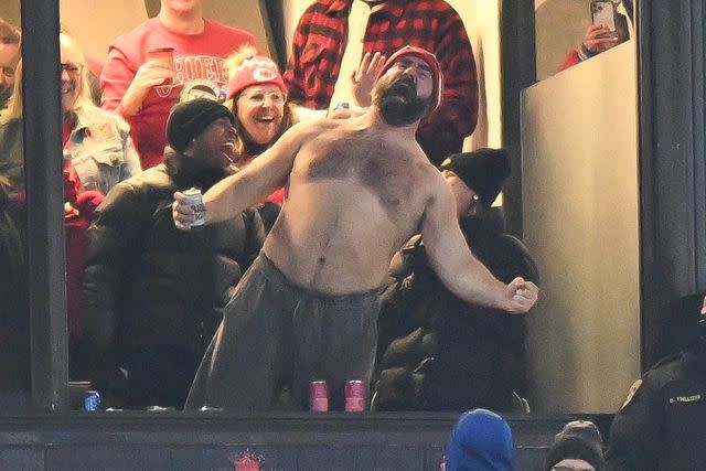 <p>Kathryn Riley/Getty</p> Jason Kelce shirtless at the Chiefs vs Bills game