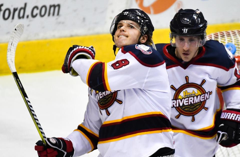 Peoria Rivermen center Joe Widmar celebrates a goal during his 2017-18 SPHL All-Rookie Team season. He came back to Peoria on Wednesday after 5 ECHL seasons.