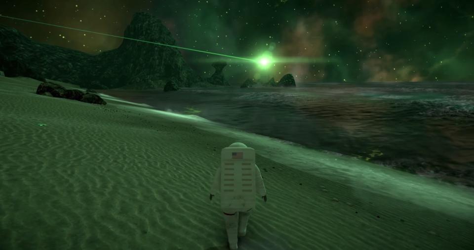  An astronaut on an alien beach with a green star in the distance. 