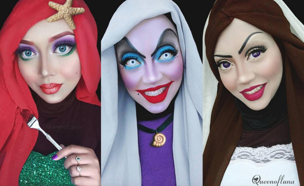 Im Disney-Fieber: Mithilfe von Make-up verwandelte sich Visagistin Saraswati in die Meerjungfrau Arielle, Meereshexe Ursula und ihr Alter Ego Vanessa (Bild: Instagram/@queenofluna)