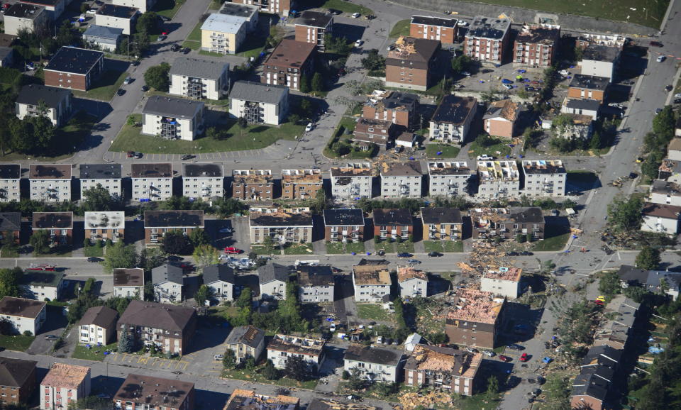 <p>Damage from a tornado is seen in Gatineau, Que. on Saturday, Sept. 22, 2018. The storm tore roofs off of homes, overturned cars and felled power lines in the Ottawa community of Dunrobin and in Gatineau, Que. (Photo from Sean Kilpatrick/The Canadian Press) </p>