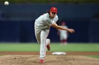 Aug 11, 2018; San Diego, CA, USA; Philadelphia Phillies starting pitcher Aaron Nola (27) pitches during the sixth inning against the San Diego Padres at Petco Park. Mandatory Credit: Jake Roth-USA TODAY Sports