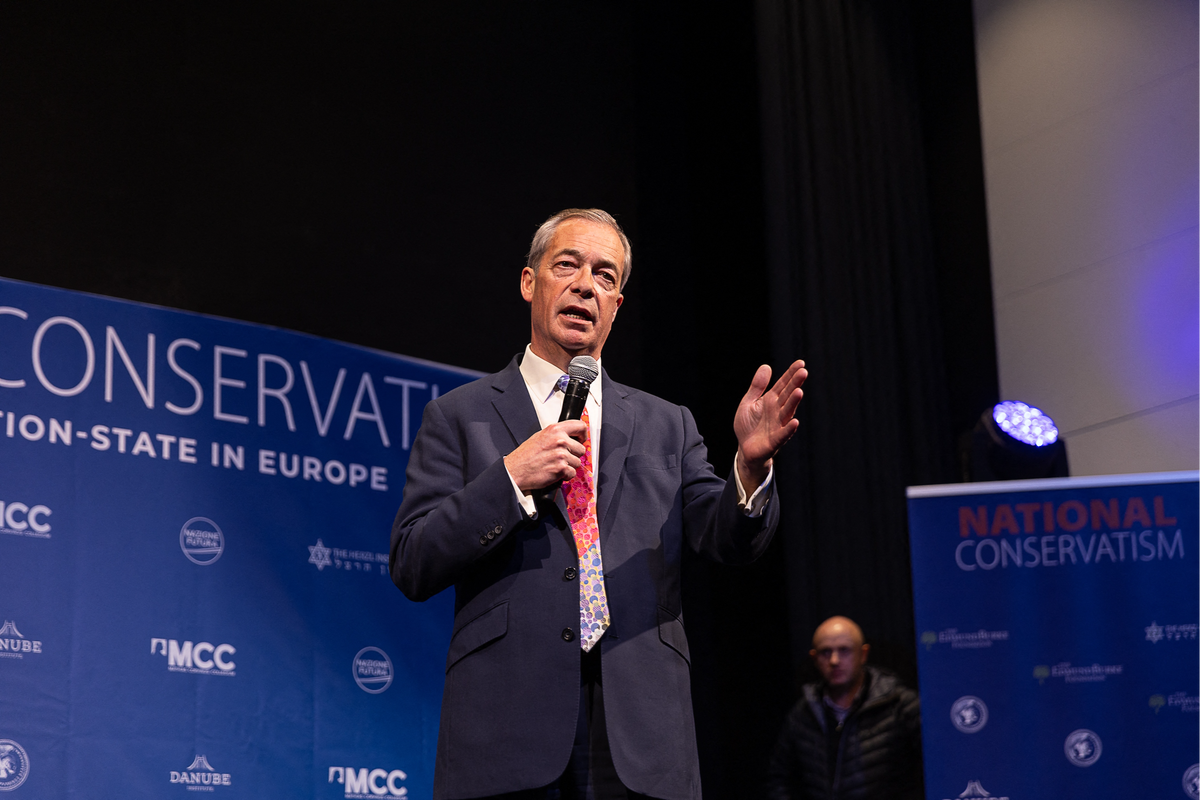 Nigel Farage (pictured) and Suella Braverman were among several people due to speak at the conference before Belgian authorities issued the ban (Belga/AFP via Getty Images)