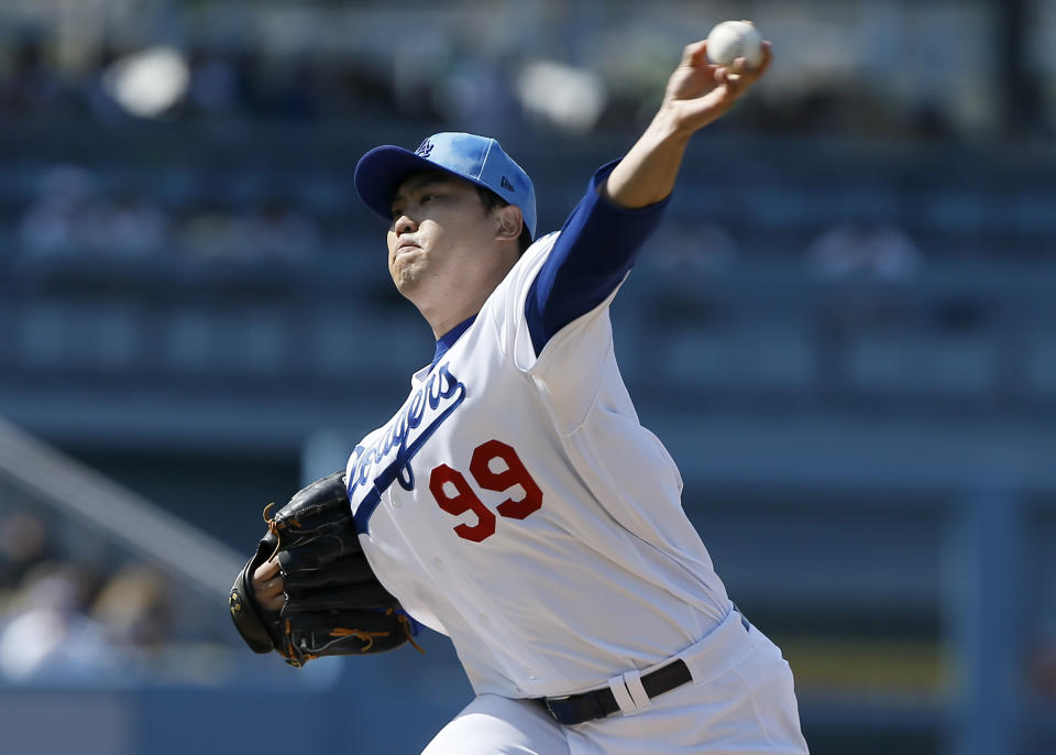 Los Angeles Dodgers starting pitcher Hyun-Jin Ryu throws to a Chicago Cubs batter during the first inning of a baseball game in Los Angeles, Sunday, June 16, 2019. (AP Photo/Alex Gallardo)