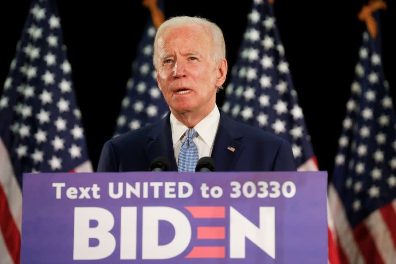 U.S. Democratic presidential candidate Joe Biden speaks during a campaign event in Dover