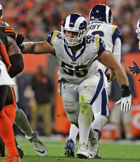 Rams center Brian Allen blocks during the second half of an NFL football game against the Cleveland Browns