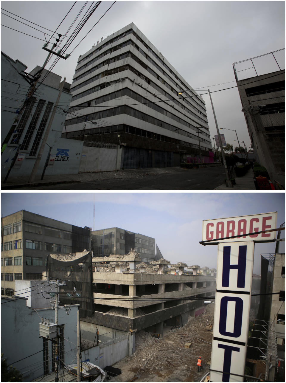 This photo combination shows the site at San Antonio Abad 122 where the fourth story of an office building collapsed in last year's 7.1 magnitude earthquake, one month after the quake on Oct. 18, 2017, top, and being demolished one year later, on Sept. 17, 2018, in Mexico City. The slow pace of demolition, let alone rebuilding, is frustrating both to those who lost their homes and to those left living amid shattered eyesores that look like they could collapse at any time onto sidewalks and streets still cordoned off after the 2017 quake. (AP Photos/Rebecca Blackwell)