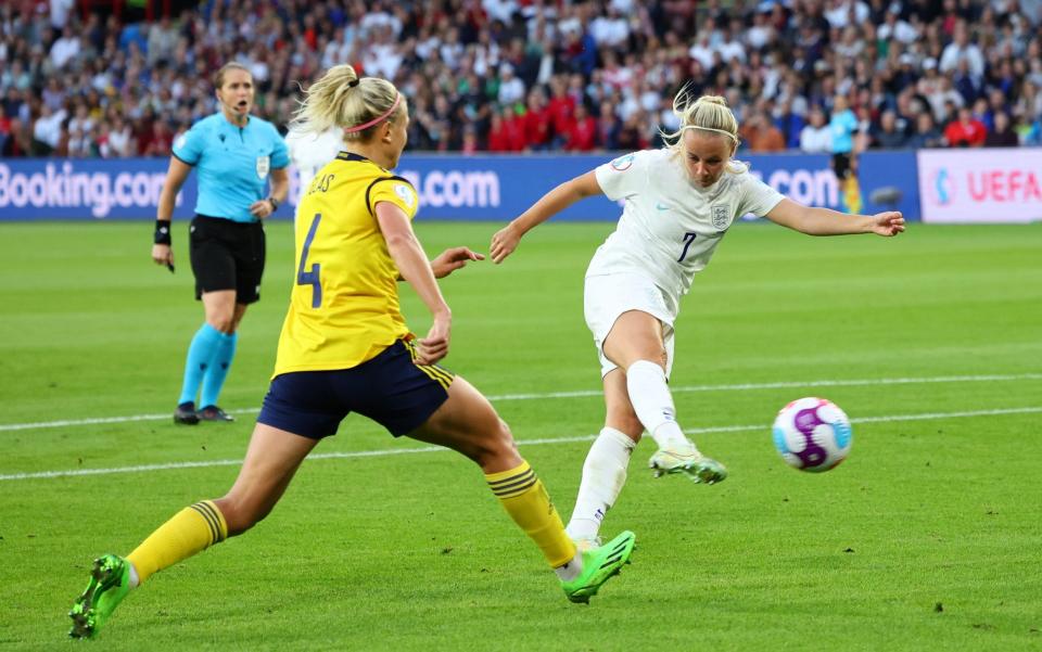 Beth Mead scores the opening goal during the UEFA Women's Euro England 2022 Semi Final match - Getty Images