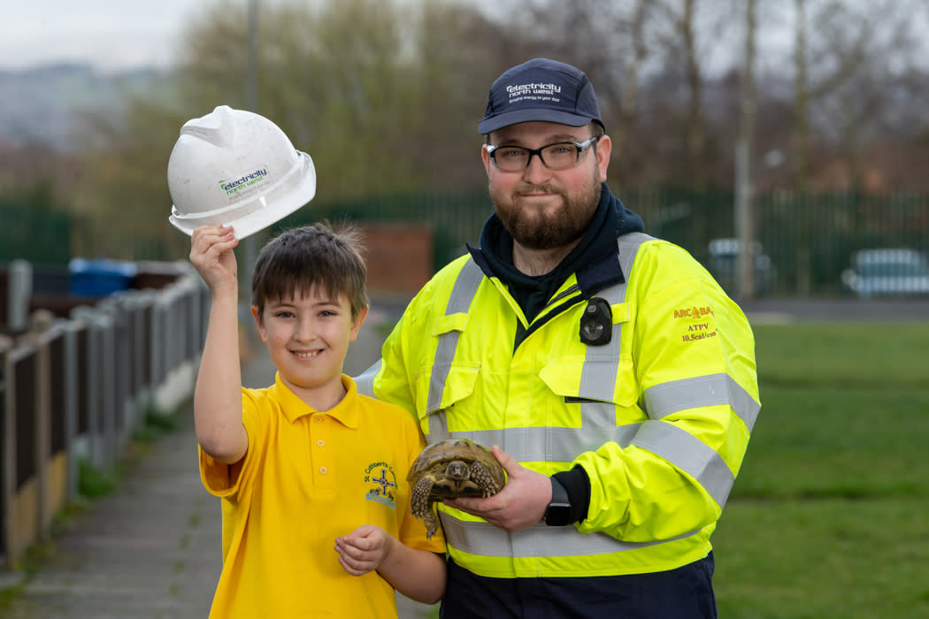 Harvey Dean-Evans with pet Mary and engineer Ben Baxendale. (Electricity North West)


