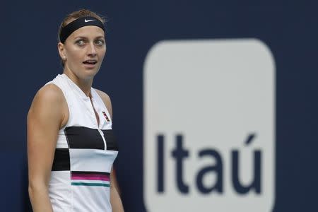 Mar 21, 2019; Miami Gardens, FL, USA; Petra Kvitova of Czech Republic reacts after missing a shot against Maria Sakkari of Greece (not pictured) in the first round of the Miami Open at Miami Open Tennis Complex. Geoff Burke
