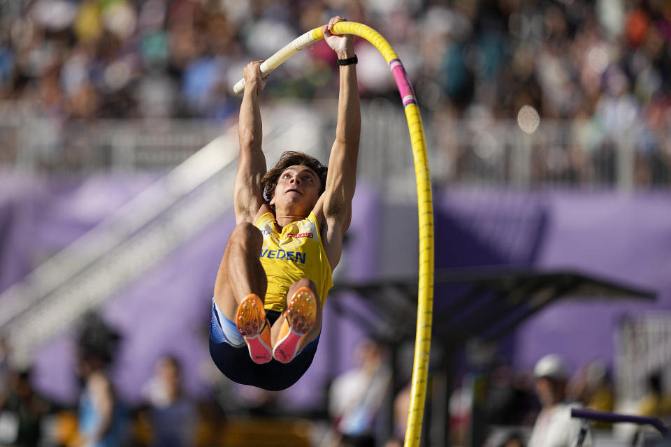 FILE - Armand Duplantis, of Sweden, competes in qualifications for the men's pole vault at the World Athletics Championships on Friday, July 22, 2022, in Eugene, Ore. (AP Photo/David J. Phillip, File)