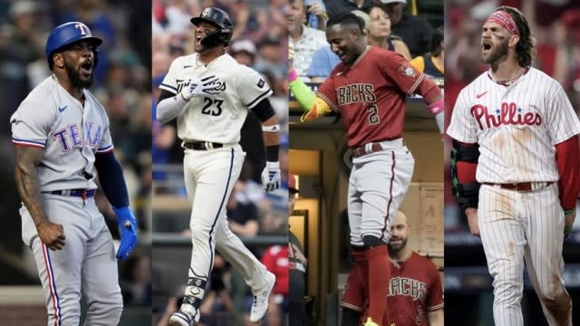 From left, Adolis Garcia, Royce Lewis, Geraldo Perdomo, and Bryce Harper.